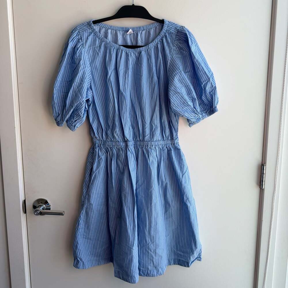 Old Navy Blue and White Striped Puff Sleeve Cutout Back Dress Size L